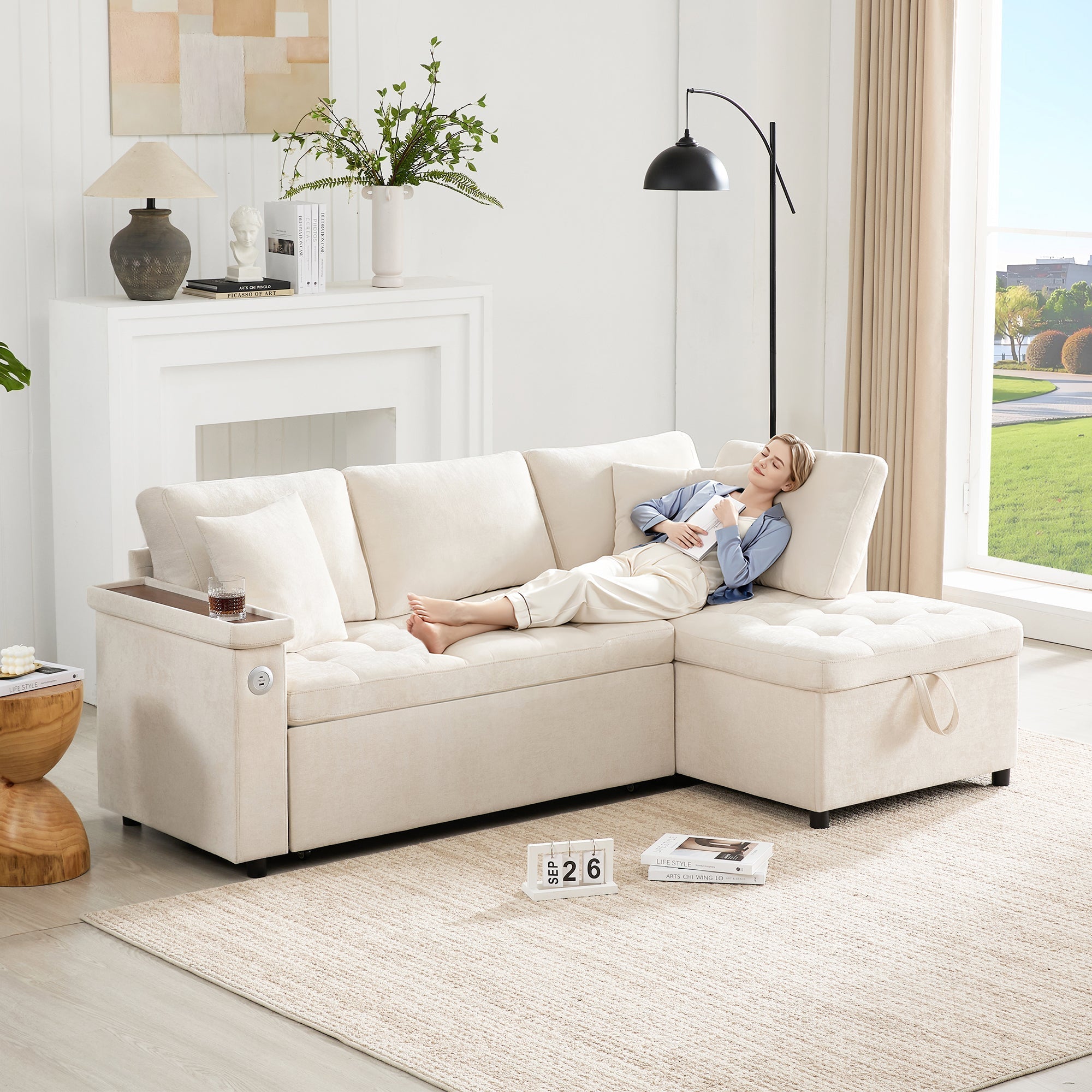 Modern L-shaped Sofa Bed with Storage, USB Charger, and Cushions, Beige
