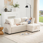 Modern L-shaped Sofa Bed with Storage, USB Charger, and Cushions, Beige