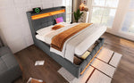 Upholstered Bed 160x200cm with LED & Storage, Grey Linen