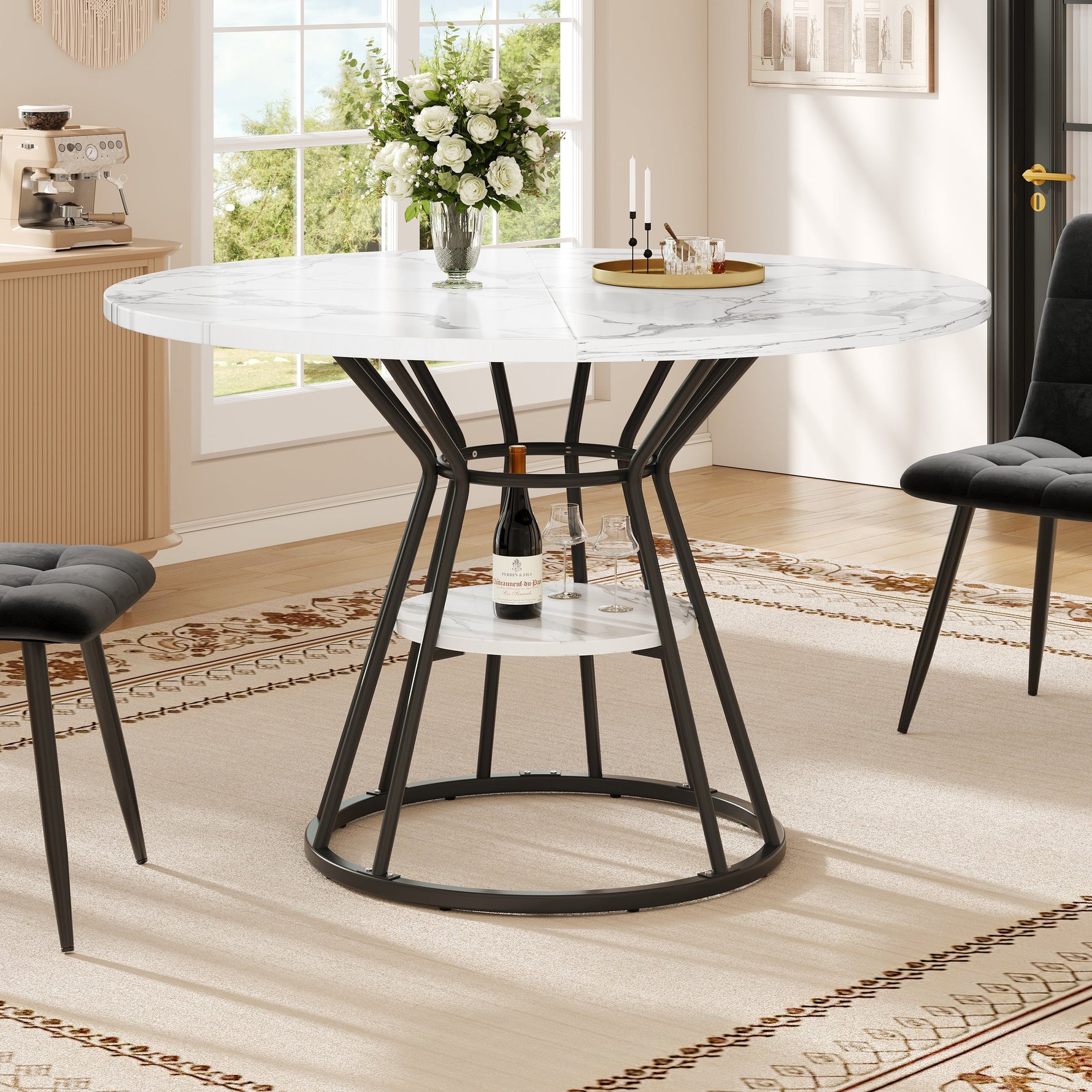 5-Piece Round Dining Table Set with 4 Velvet Chairs and Marble Top, Black