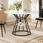 Round Dining Table with Metal Legs and Storage Shelf, Marble Pattern Gold and Black