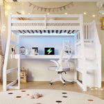 Wooden Loft Bed 90x200 with Desk, LED, USB & Storage Stairs, White