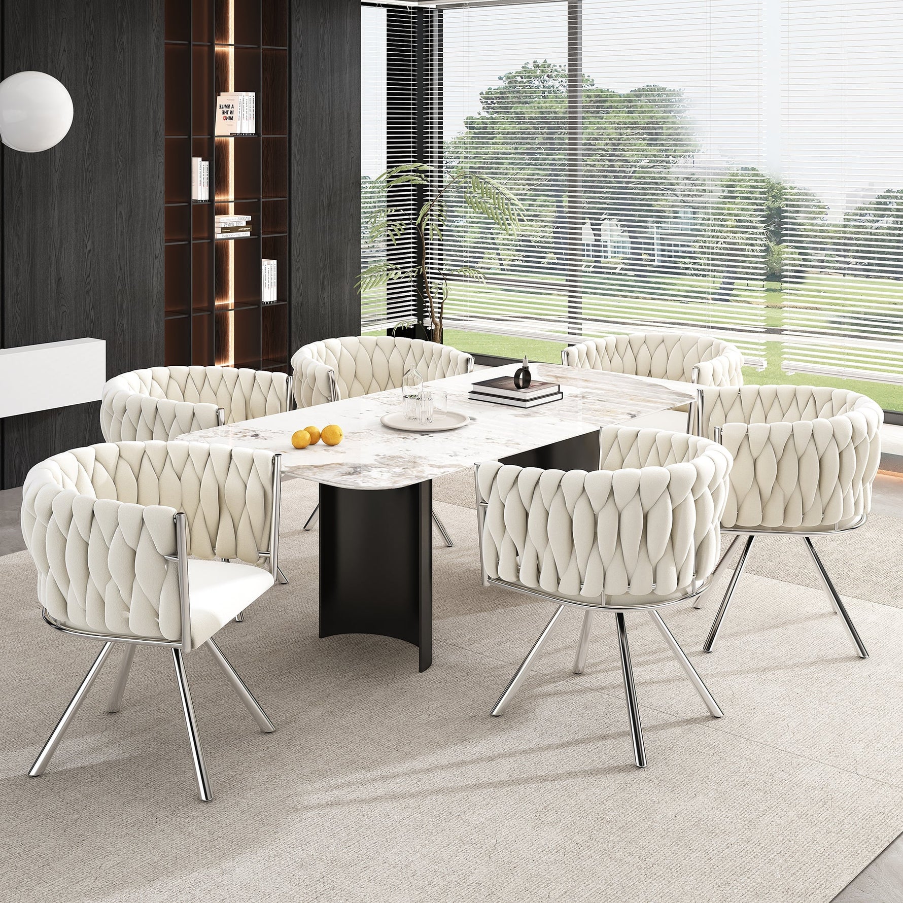 Velvet Dining Chair Set of 6 Swivel Metal Legs - Beige/Silver