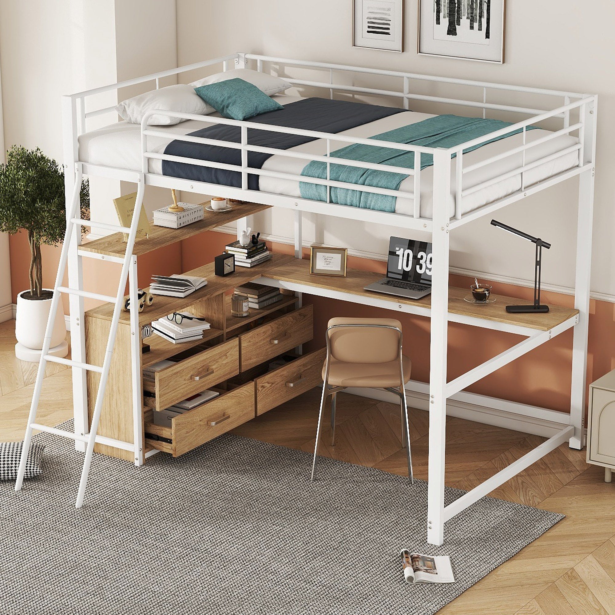 Loft Bed with L-Shaped Desk and Storage Drawers, White Metal Frame