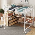Loft Bed with L-Shaped Desk and Storage Drawers, White Metal Frame
