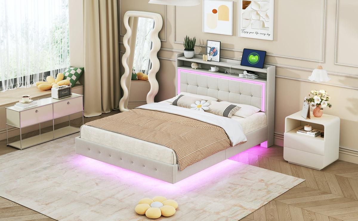 Upholstered Bed 140*200 with USB & LED Light, Linen Beige
