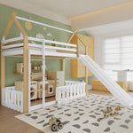 Bunk Bed with Slide & Ladder, Roof Shape, Pine + MDF + Plywood, White + Natural