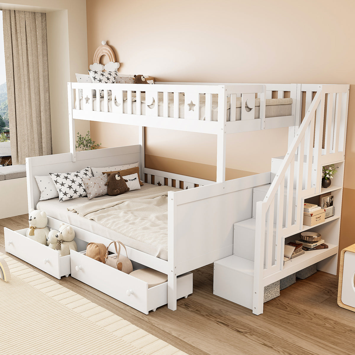 Children's Bunk Bed with Safety Stairs & Drawers, White