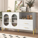 Sideboard Cabinet, 2 Drawers 2 Glass Doors Modern, White Gold Accents