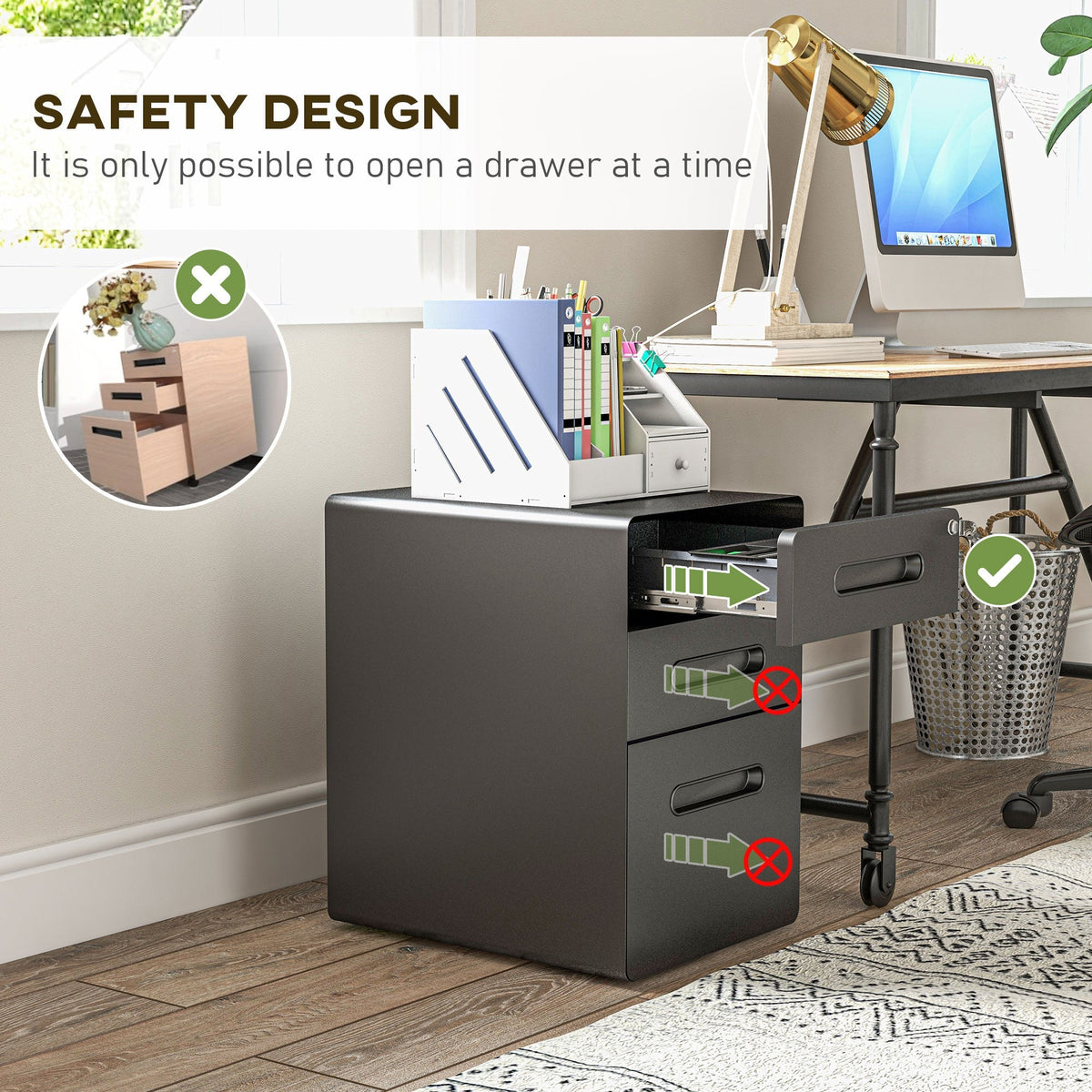 Rolling File Cabinet, 3-Drawer Office Container Steel Black