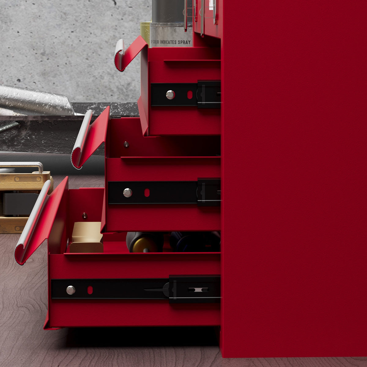 DURHAND empty tool case with 3 drawers and upper storage compartment, steel, red