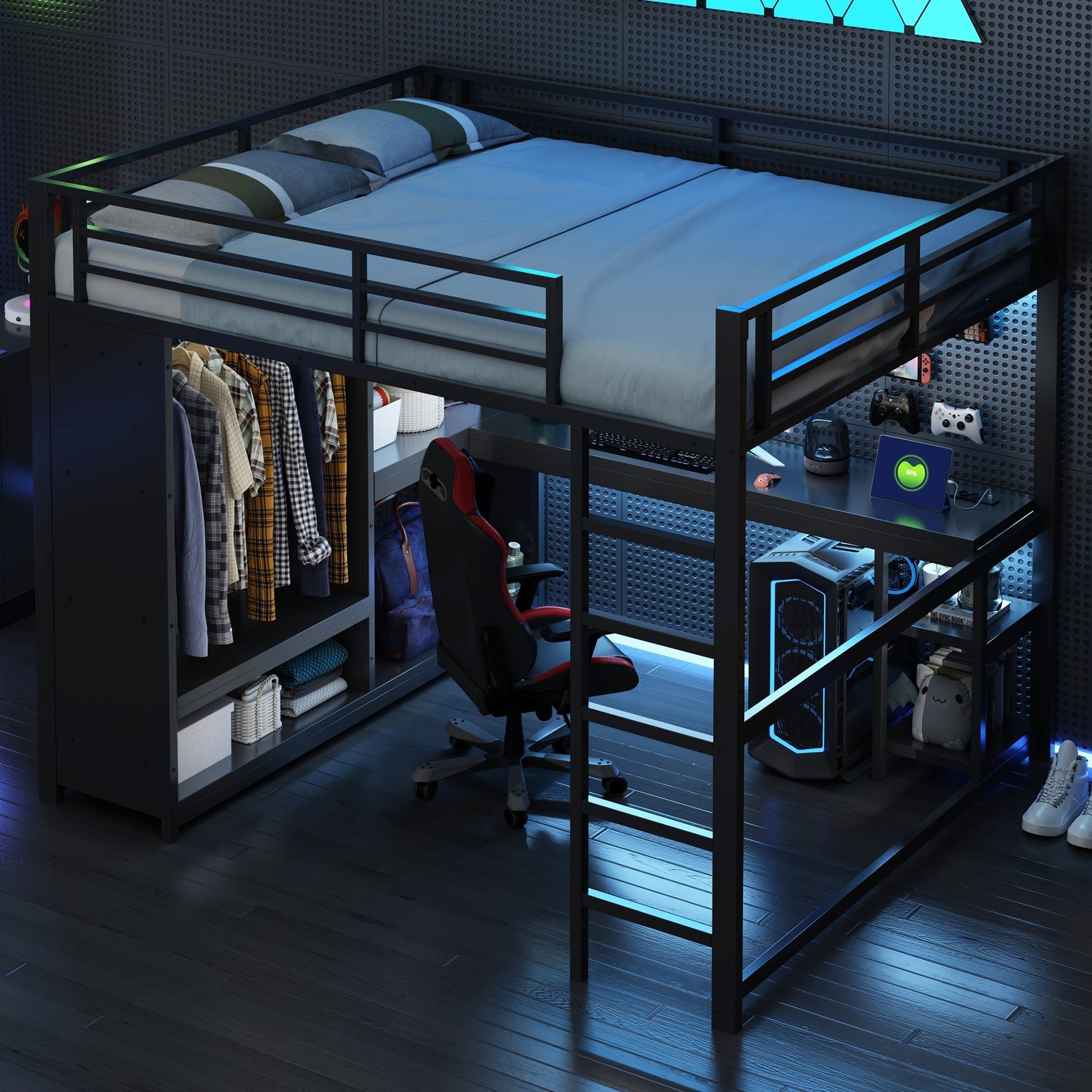 Loft Bed 160x200 Gaming Desk LED Storage Wardrobe - Black Metal