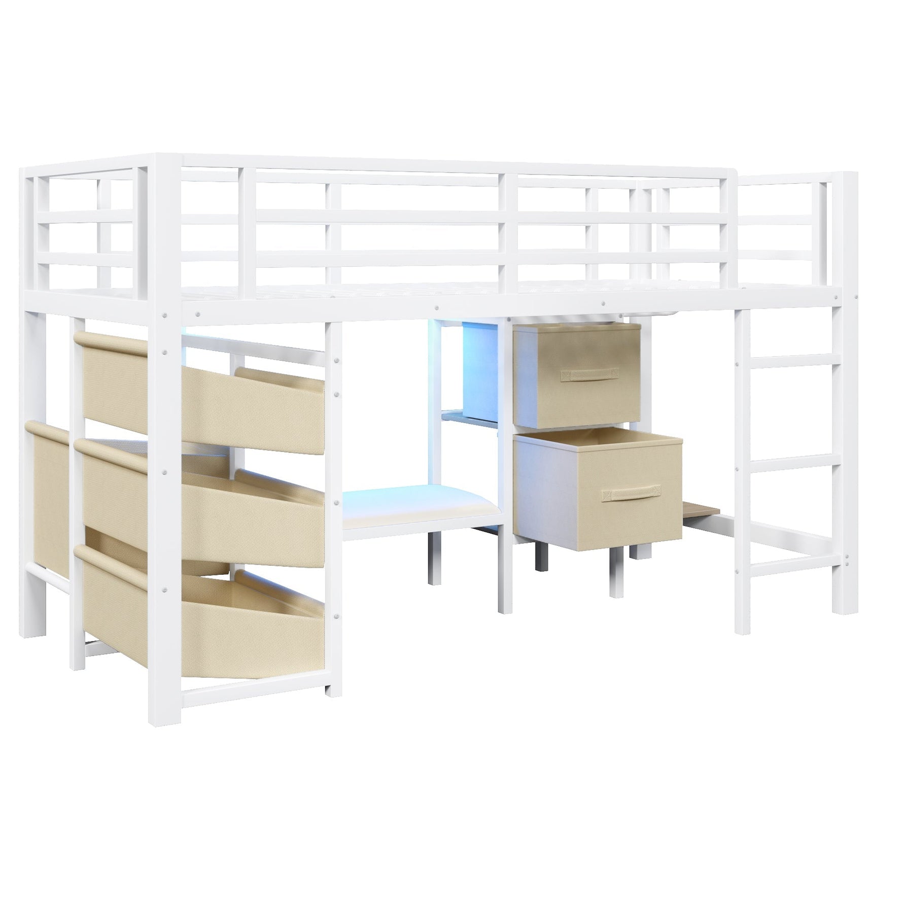 Mid-Height Bed with Storage Drawer and LED Lighting, 90x200 cm, Metal, White