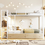 Bunk Bed 90x200 cm with Drawers & LED, White Iron Frame