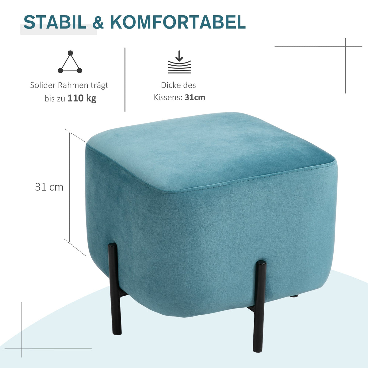 Footstool, Padded Footrest, Polyester & Steel, Turquoise