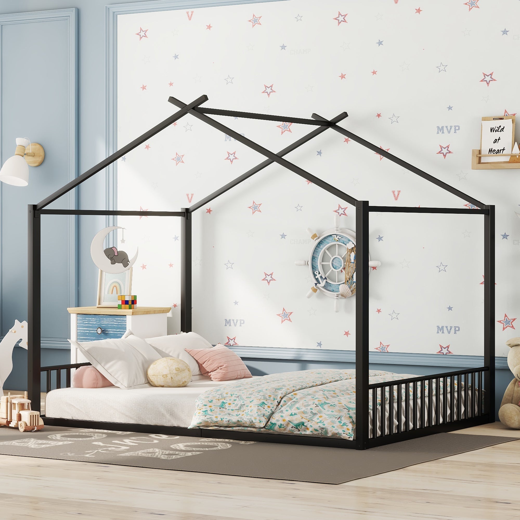 Children's Flat Bed 140x200cm House Rail Iron Frame Black
