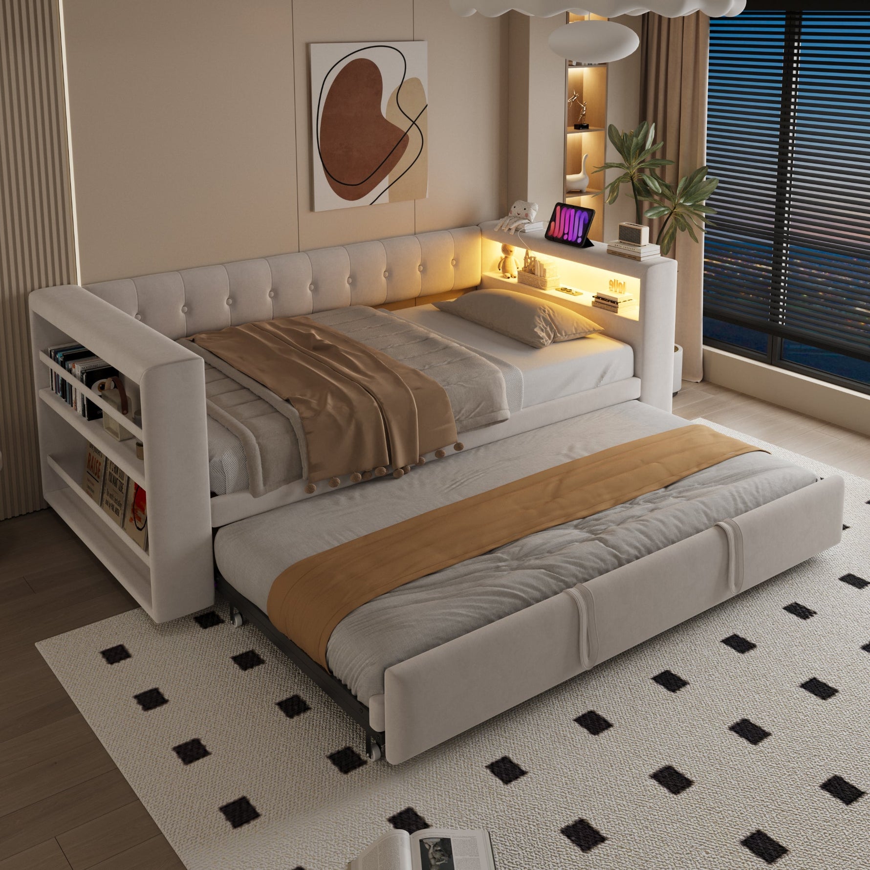 Multifunctional Upholstered Sofa Bed with LED Lighting, Power Outlets and Ample Storage, 90/180x190cm, Beige