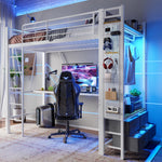 Loft Bed 90x200cm with Desk, Shelves & Drawers, White Iron Frame