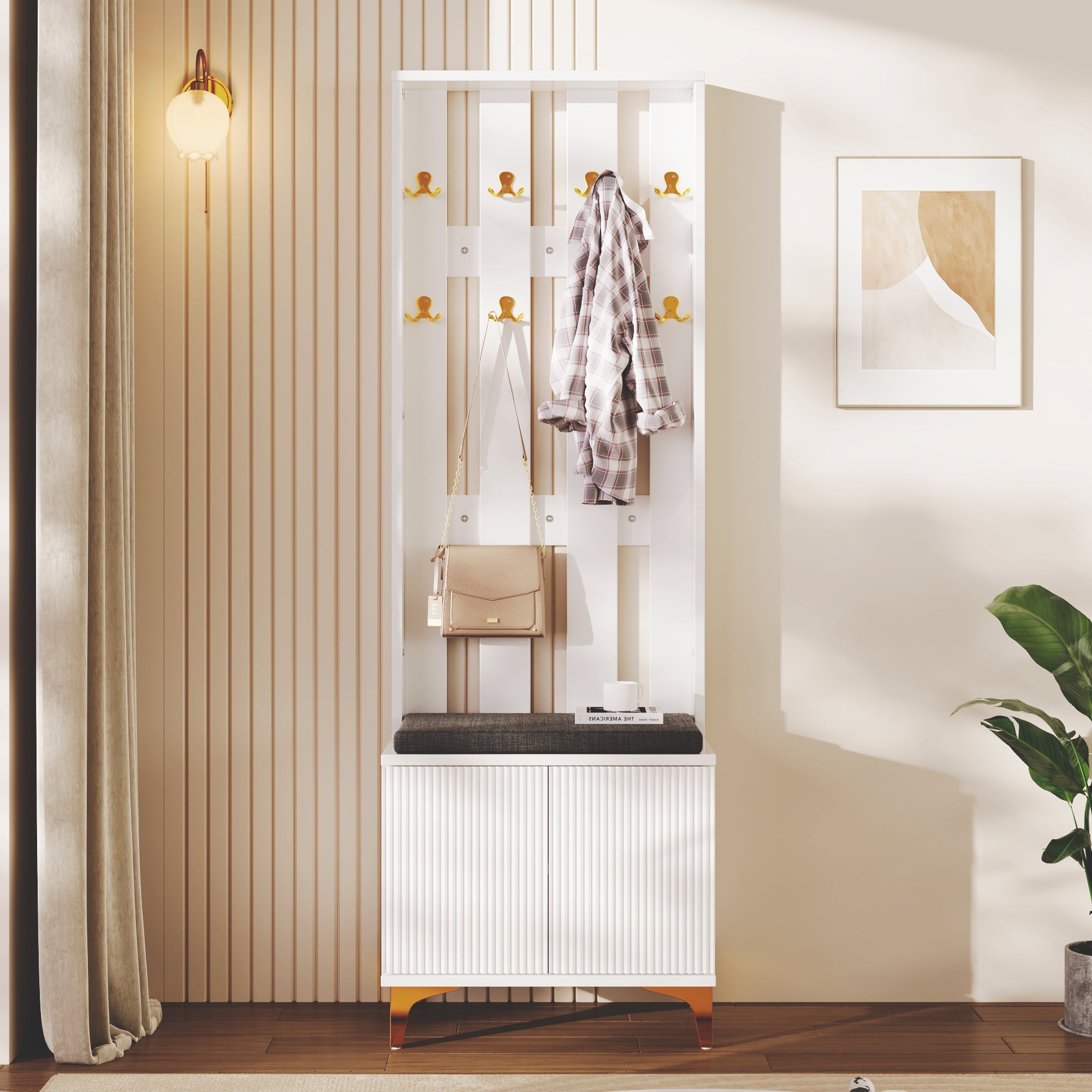 Wardrobe Set with Shoe Bench and Cushion, Front with Hooks