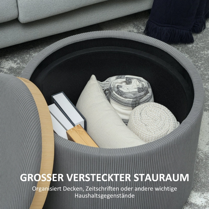 Storage Stool, Round Footstool Upholstered Coffee Table, Corduroy Grey