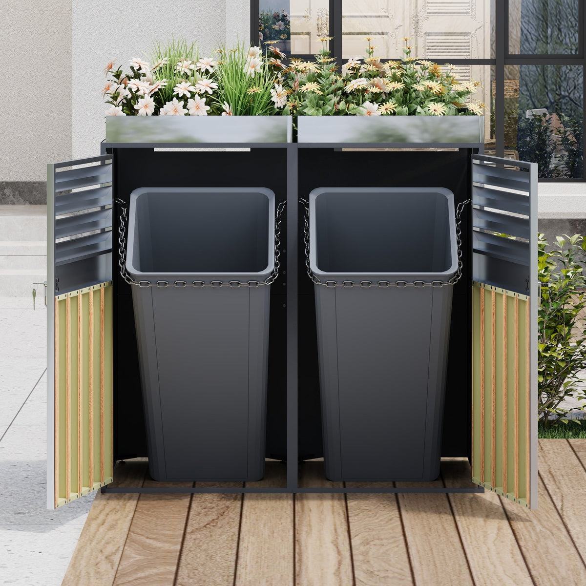 Garbage Can Enclosure with Ventilated Storage, Lockable Double Doors and Planting Area, Galvanized Steel