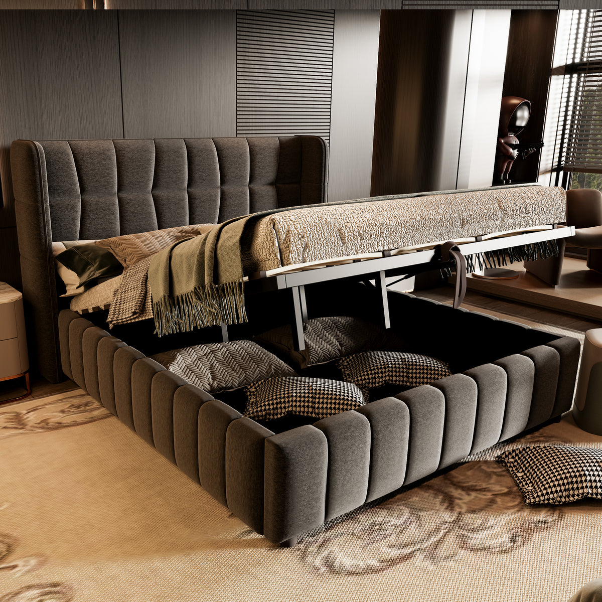 Upholstered Double Bed with LED, USB & Storage, 160x200, Linen