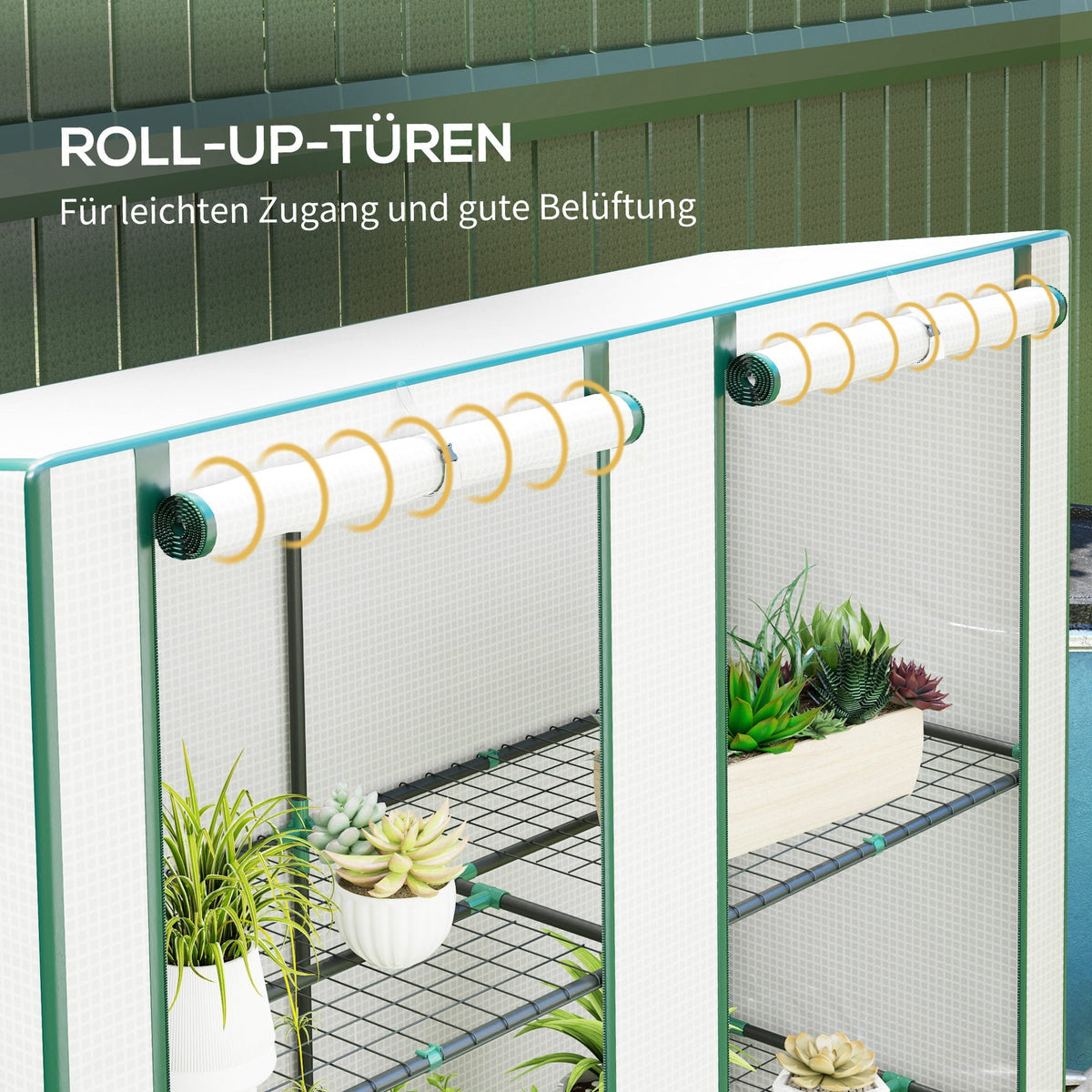 Greenhouse Pent Roof Double Doors Shelves Winterproof 144x48x152cm Foil Steel, White