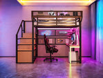 Metal Loft Bed with Desk, Shelf, Storage Net, LED and Socket, 140x200cm, Black Metal