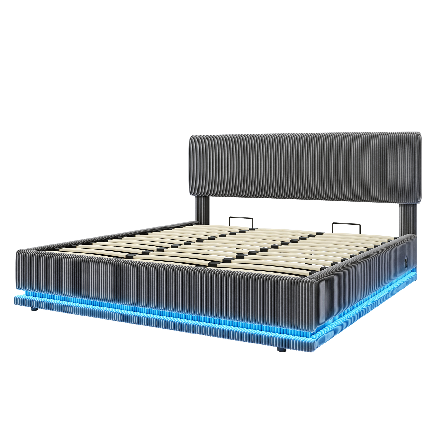 Modern Upholstered Bed with LED Lighting, USB-C and Under-Bed Storage, Gray Corduroy