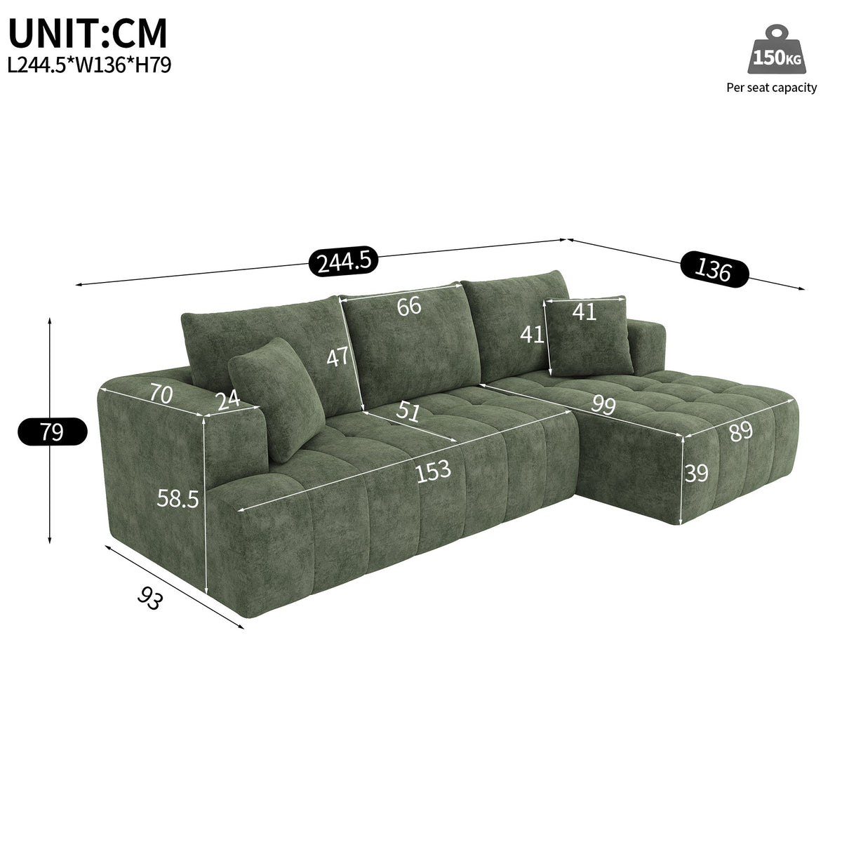 Modular L-shaped Cloud Sofa, Frameless Low-profile Design, Green Chenille Fabric