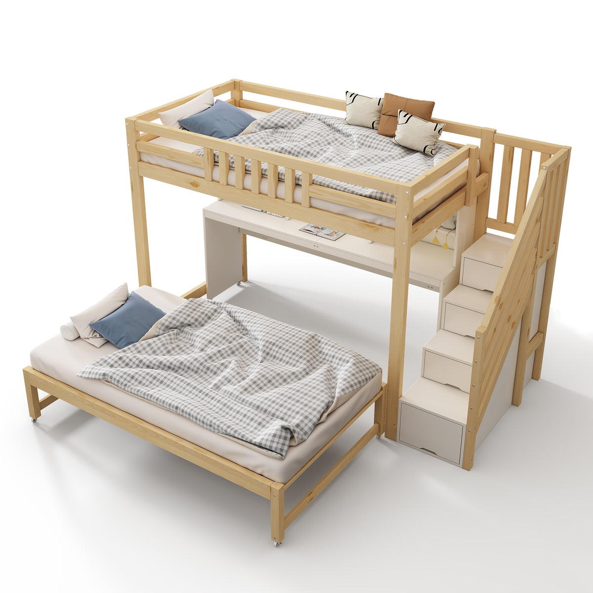 Children's Bunk Bed with Desk & Trundle, White & Oak Wood