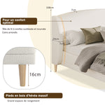 Upholstered Bed 140x190 cm with Winged Headboard and Slatted Base, Ivory White Bouclé Fabric