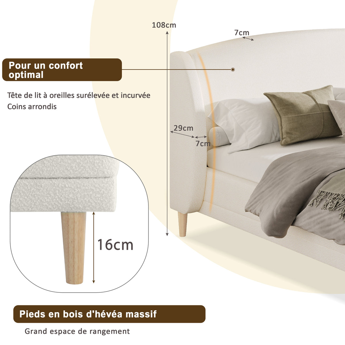 Upholstered Bed 140x190 cm with Winged Headboard and Slatted Base, Ivory White Bouclé Fabric