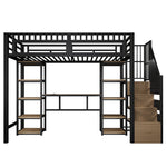 Loft Bed with Desk, LED Lights, USB Port and Storage Ladder, Black Iron Frame