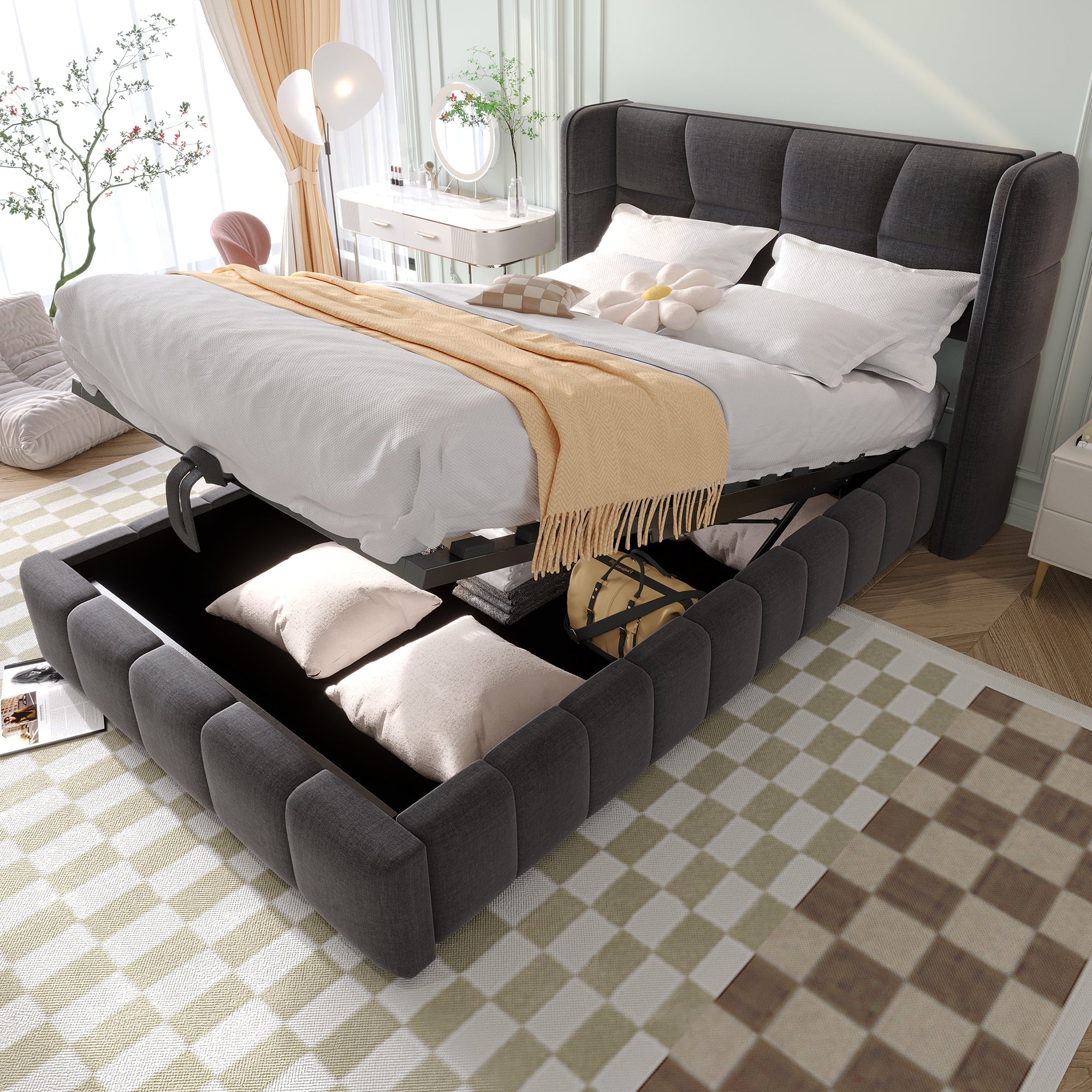 Upholstered Bed 90x200cm Pneumatic Storage Slatted Base - Linen Grey