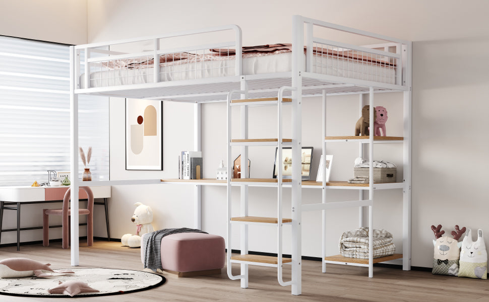 Metal Loft Bed 140*200 cm with Ladder, Table & Shelf, White
