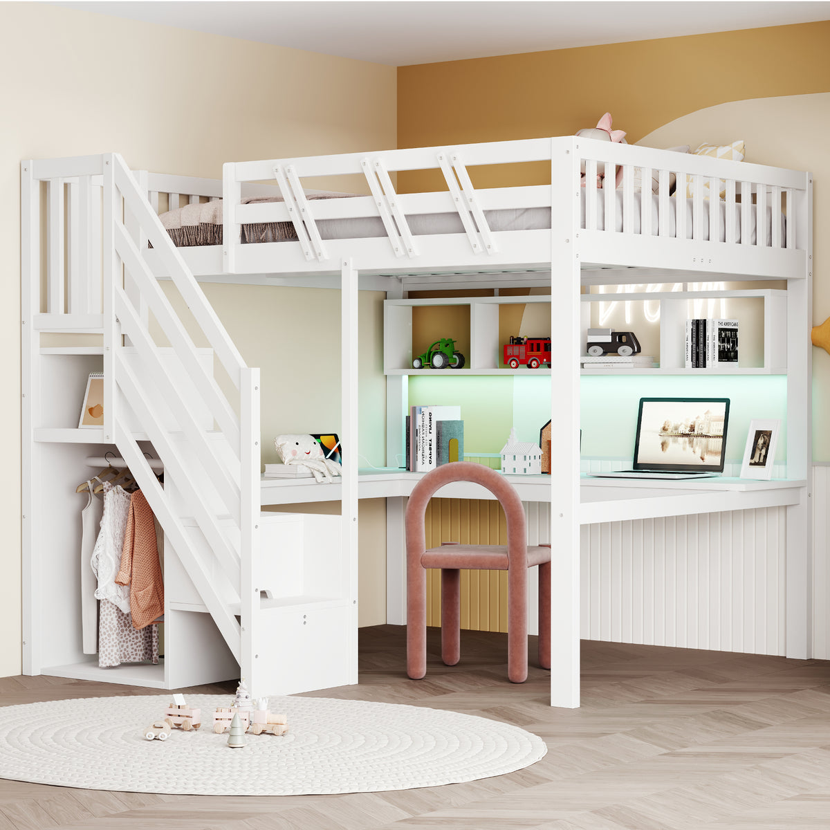 Solid Wood Bed 140x200 with Desk, Storage & LED - White