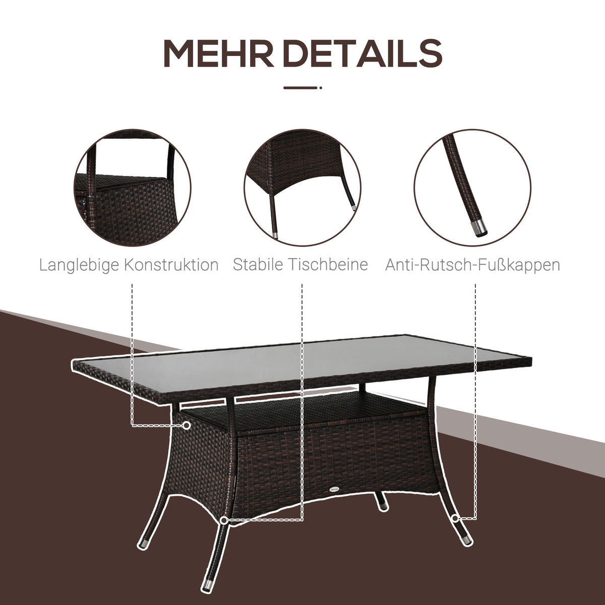 Dining Table, Poryrattan Glass 150x85x74cm Safety Glass, Brown/Black