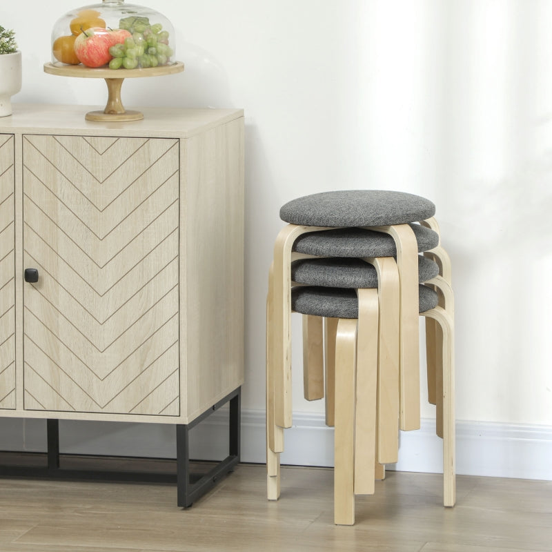 Dining Room Stools, Stackable Round Upholstered, Linen Look Grey