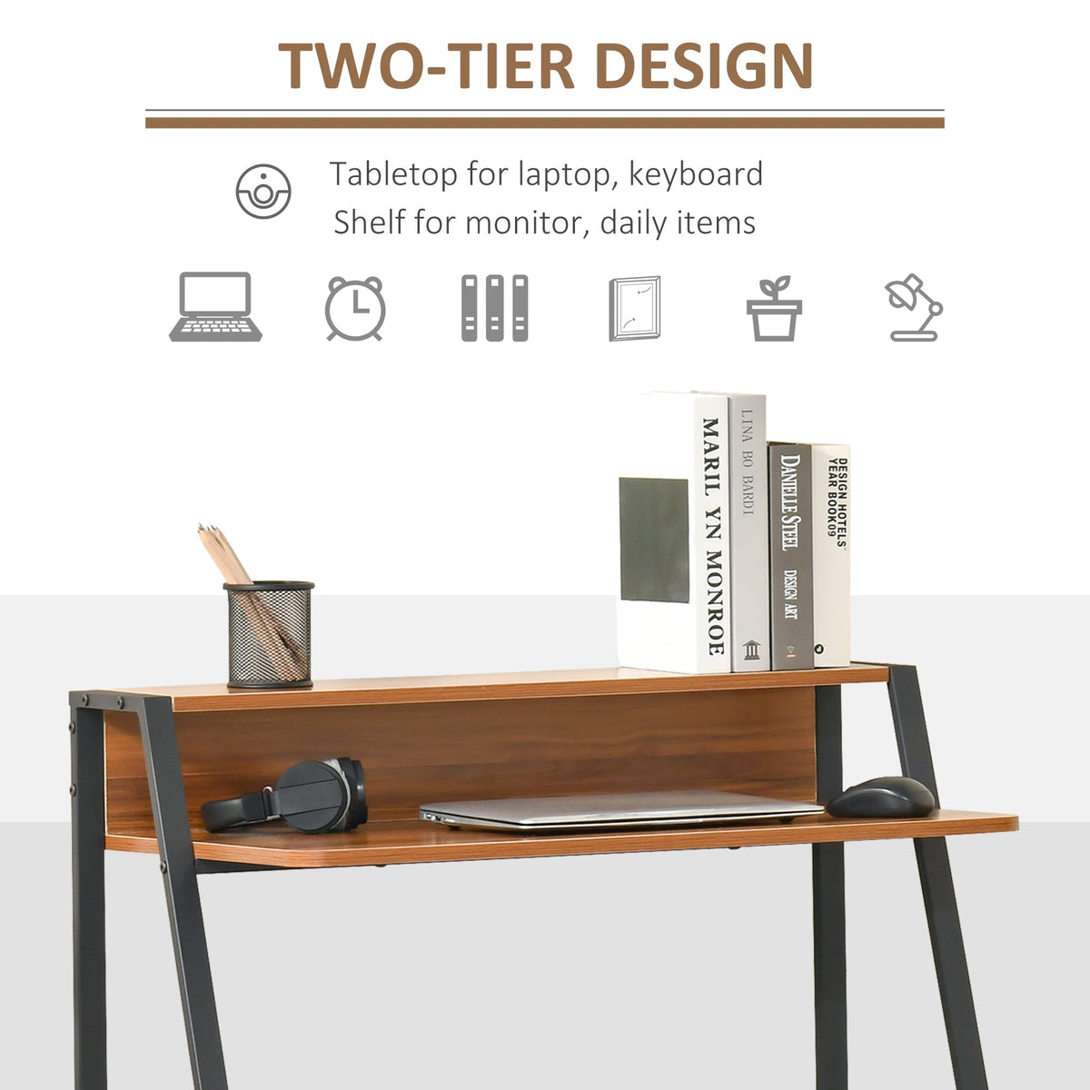 Desk Computer Table, Storage & Cable Management, Metal Walnut