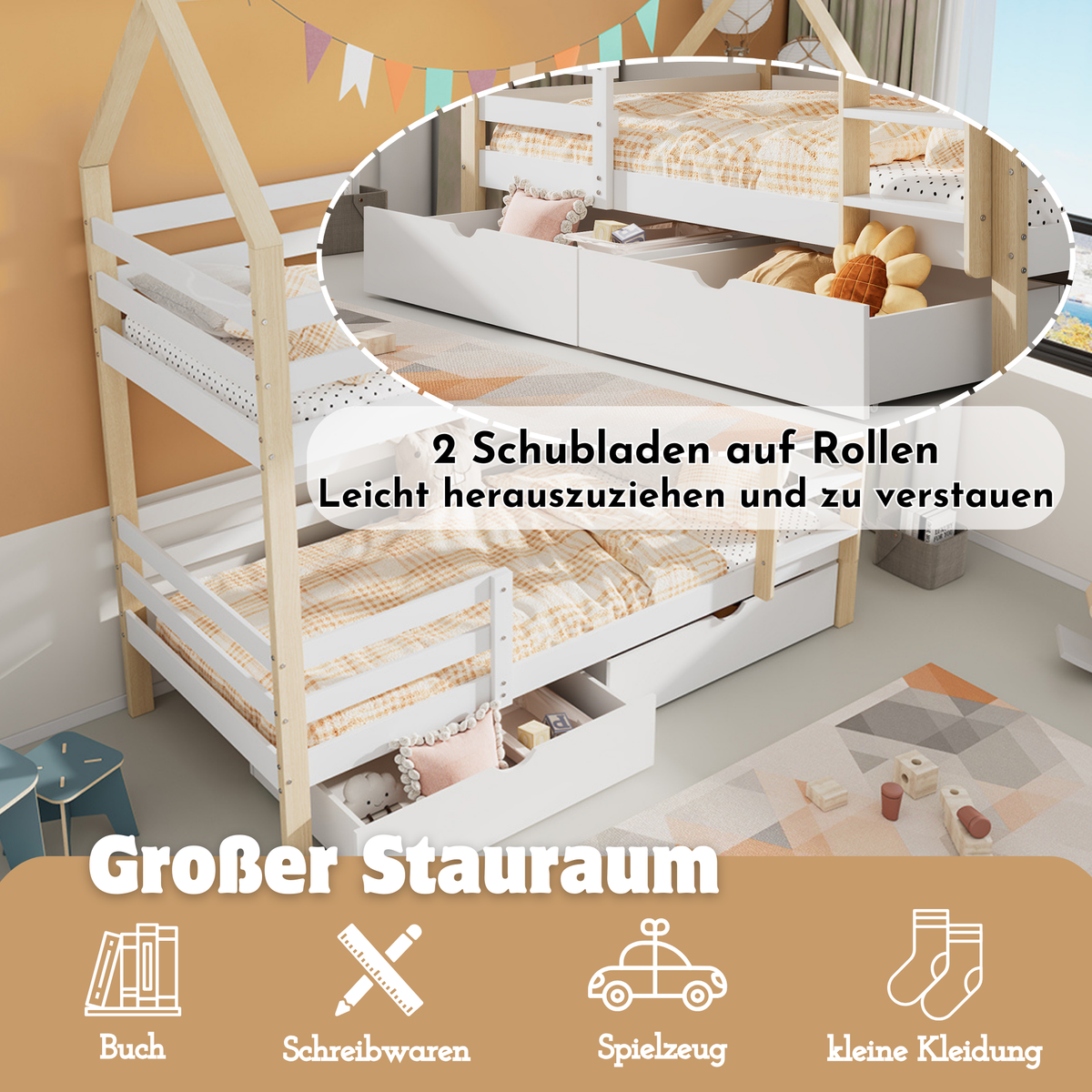 Children's House Bed 90x200cm with Large Drawers Pine Wood white+wood color