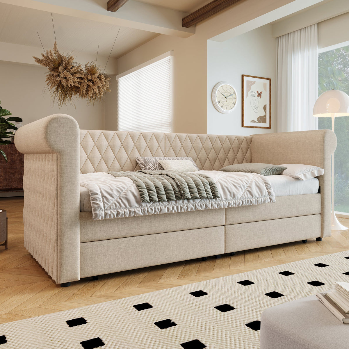 Vintage Upholstered Sofa Bed, 90x200 cm, 2 Storage Drawers, Linen Beige