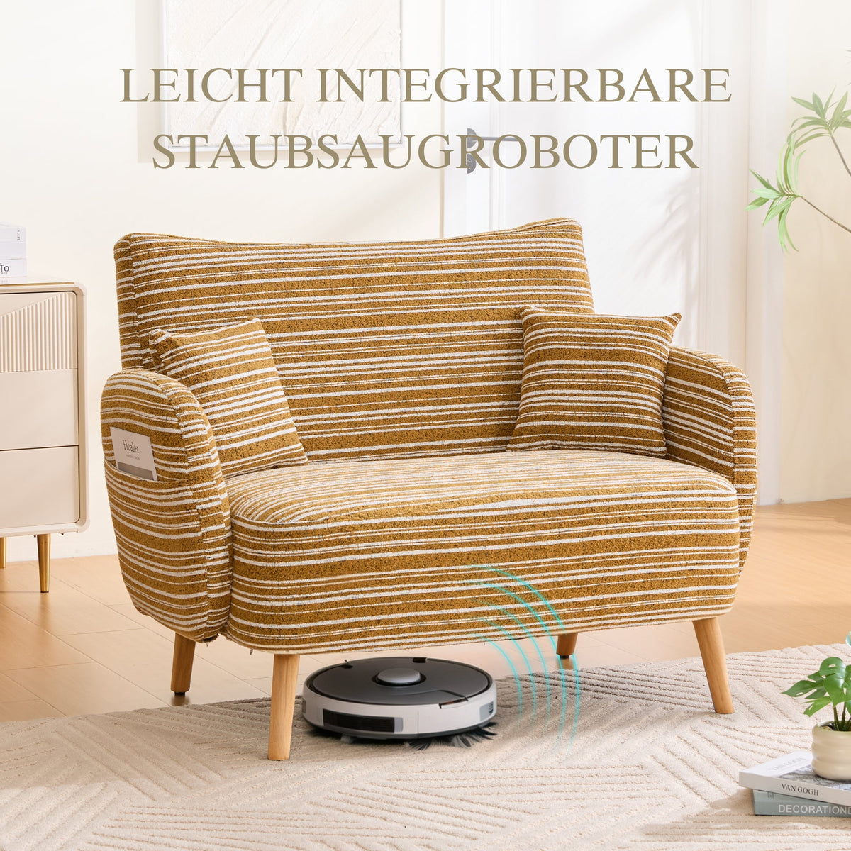 Modern Two-Seater Sofa with Armrest Cushions and Storage Bag, Loop Fabric