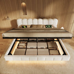 Upholstered Double Bed 180x200cm Storage LED, Beige Chenille