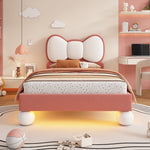 Upholstered Bed, Single Children's with Bow-Tie Headboard & LED Light, Velvet Beige + Pink