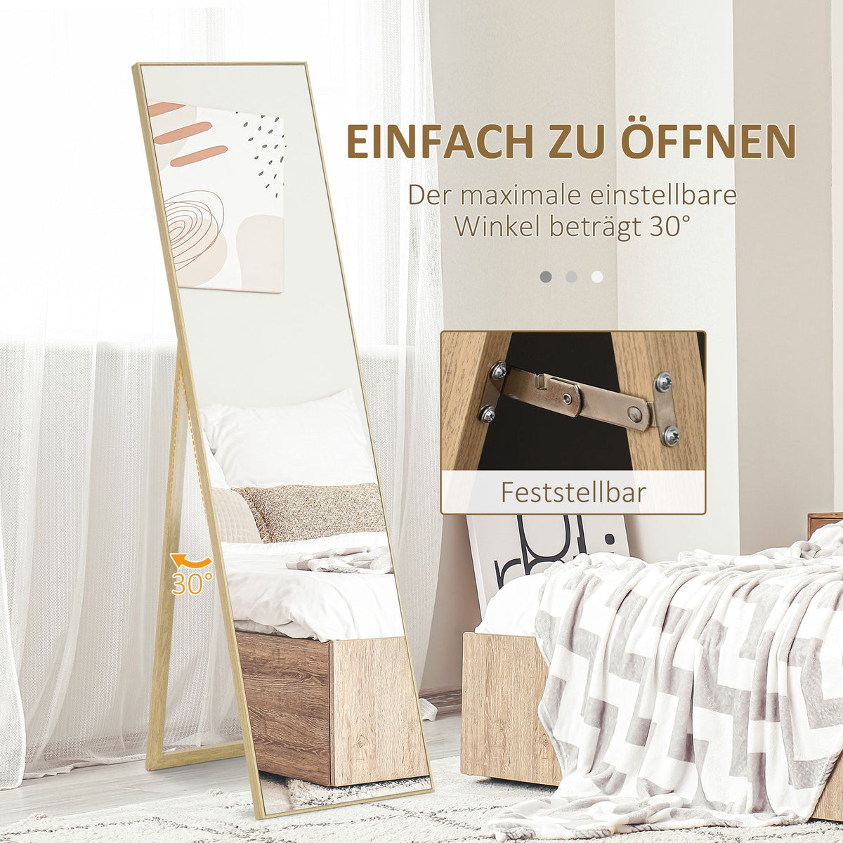 Standing Mirror, Full Length Dressing Makeup, Light Brown Wood Grain