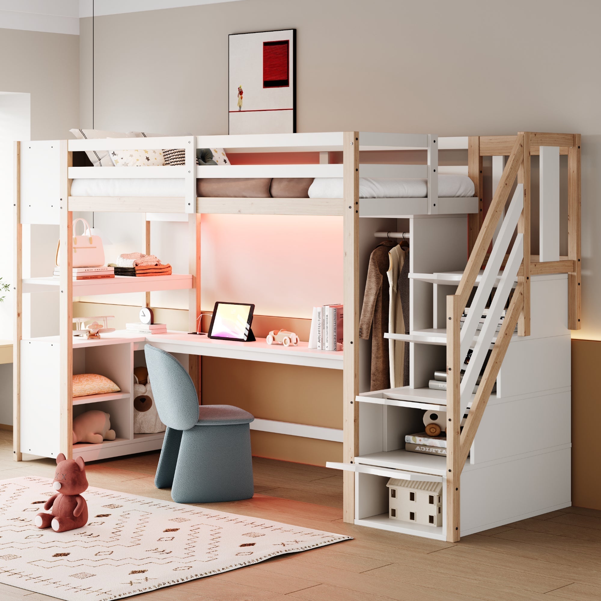 Wooden Loft Bed 90x200cm Wardrobe Desk Storage Stairs LED Sockets Wood Color