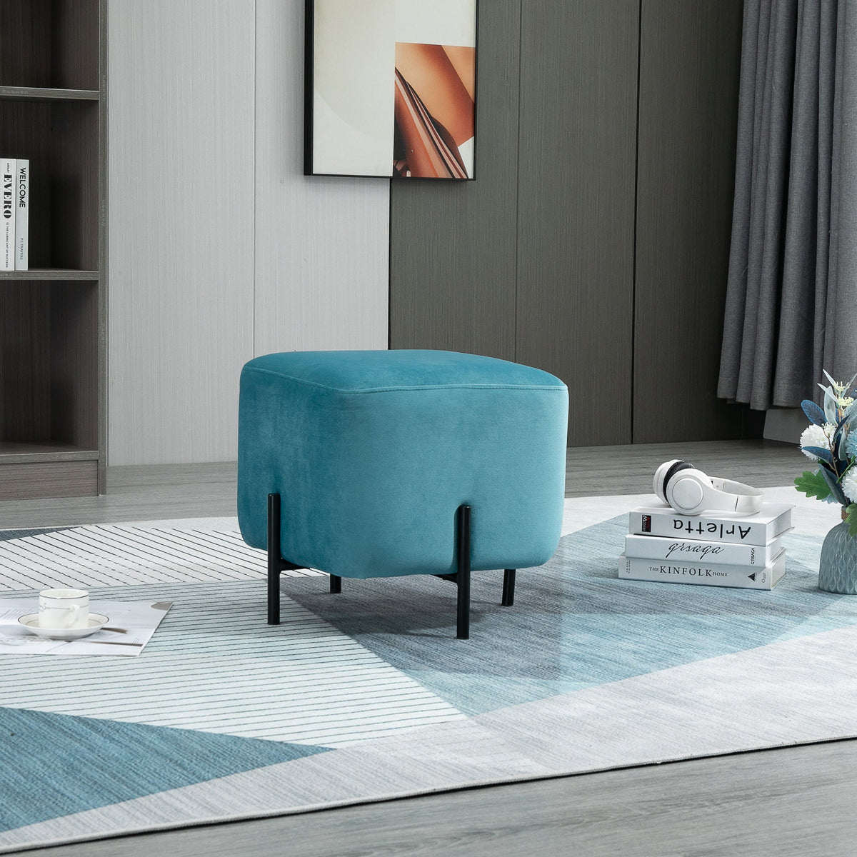 Footstool, Padded Footrest, Polyester & Steel, Turquoise