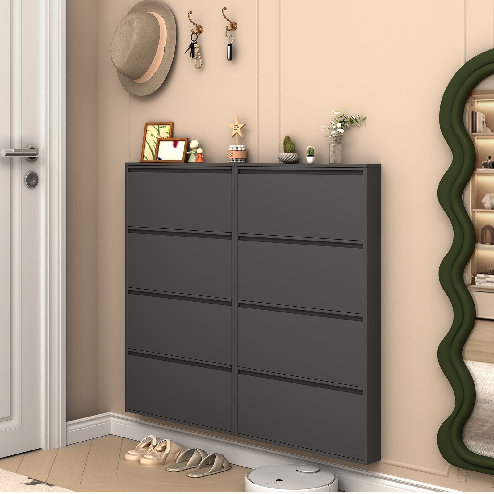 Metal Shoe Cabinet 4 Flip Drawers Narrow Wall Mount Black