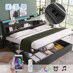 Upholstered Double Bed with USB, Storage Headboard and LED, 140x190cm, Grey Wood